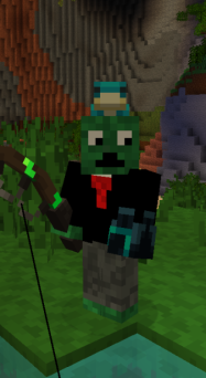 Screenshot taken in a tropical grotto on Fishstance 8. LambAndHam is facing the camera. His skin is a dark green creature with a black shirt, red tie, and gray trousers. He is wearing a light blue frog friend on his head and holding a long fishing rod with green glowy things on it.